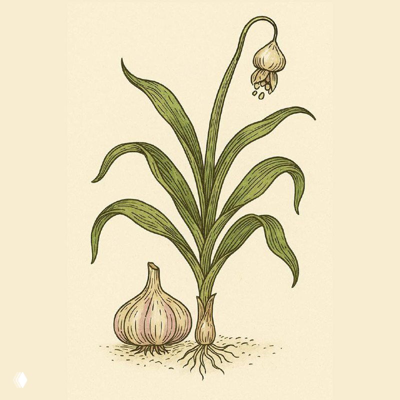 Иллюстрация чеснока: растение со стрелкой и бульбочкой, рядом луковица — схематичный пример признака готовности к уборке.