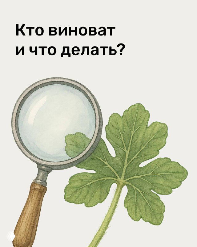 Обложка памятки с увеличительным стеклом и листом растения, заголовок «Кто виноват и что делать?» — визуал для диагностики проблем растений.