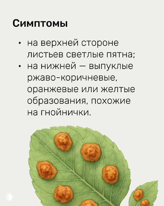 Страница с симптомами ржавчины: светлые пятна сверху и выпуклые ржаво-коричневые или жёлтые образования снизу, похожие на гнойнички.