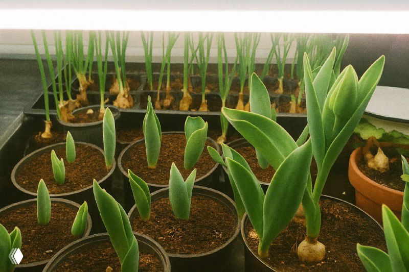Горшки с тюльпанами на стадии выгонки: молодые зелёные ростки в контейнерах на столе под искусственным освещением, видно рыхлый грунт и пробивающиеся листья.