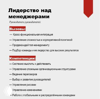 Слайд «Лидерство над менеджерами»: пункты про кросс-функциональную интеграцию, управление сложностью, подбор команды и управление рисками в организации.