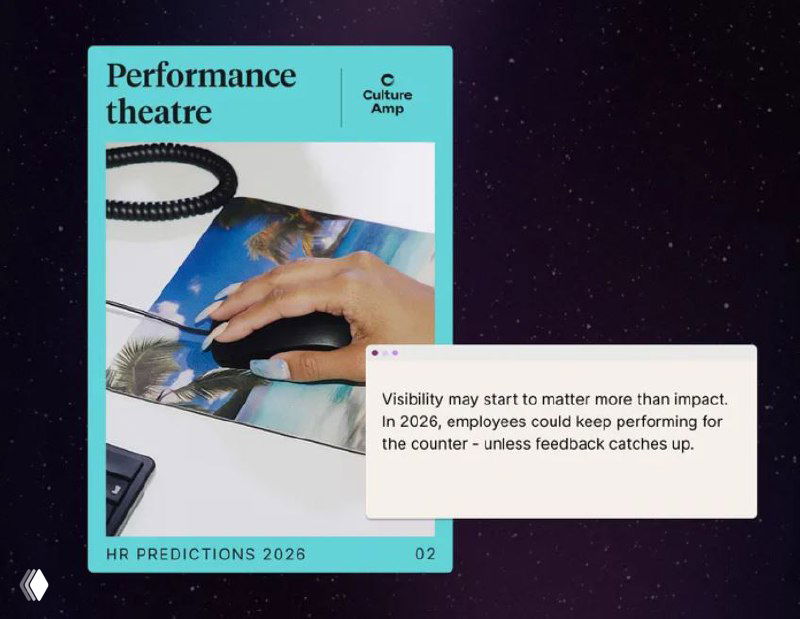 Синяя карточка Culture Amp с подписью «Performance theatre» и изображением рук за мышкой — метафора имитации активности при мониторинге продуктивности.