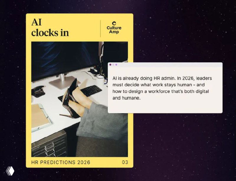 Жёлтая карточка с надписью «AI clocks in» и образами техники — иллюстрация роли ИИ в трансформации рабочих процессов и мониторинга.