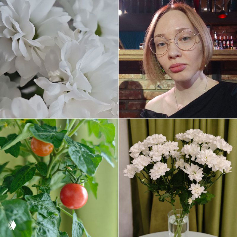 Коллаж: крупное фото белых цветочных композиций и хризантем, портрет женщины в очках с короткими светлыми волосами и снимок помидора на ветке — иллюстрация к посту астролога.