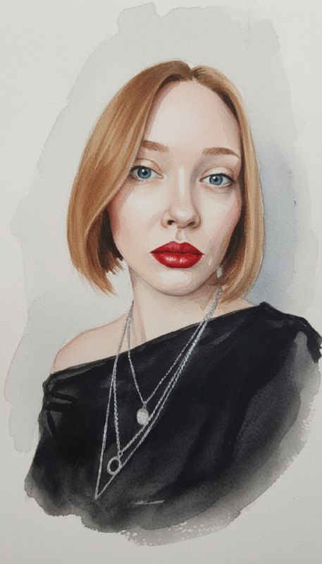 Портрет-иллюстрация женщины с короткими светло-рыжими волосами, яркой красной помадой и несколькими декоративными цепочками на шее в художественной стилизации.