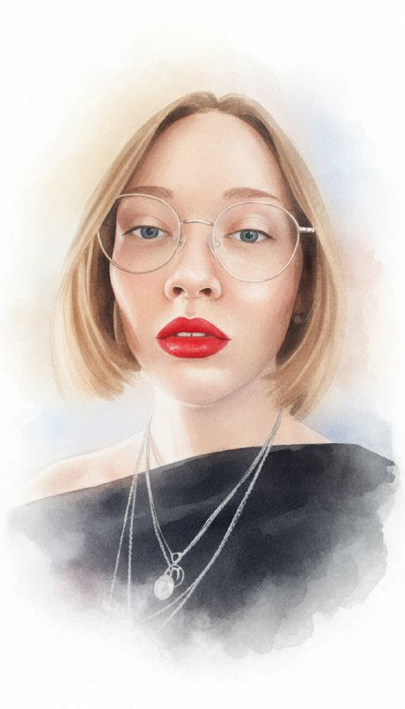 Акварельный портрет молодой женщины в очках и украшениях, мягкая палитра и акцент на лице — нейтральный художественный образ, подходящий для авторского контента.