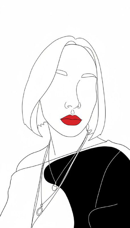 Линейный контурный портрет женщины: минималистичный рисунок с красными губами и кулоном, ассоциативный образ для авторского поста.