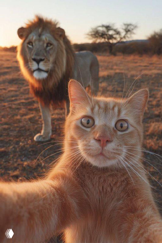Кот на переднем плане делает «селфи», позади виден лев в саванне на закате — метафора контраста ролей и доминирования в отношениях.