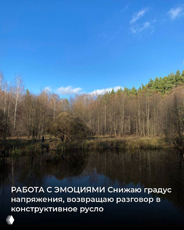 Лесной пруд и прибрежные деревья; карточка о работе с эмоциями и снижении напряжения для конструктивного диалога.