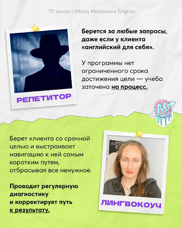 Слайд сравнения: силуэт репетитора слева и фотография лингвокоуча справа, текст о подходах и навигации к цели на фоне коллажа.