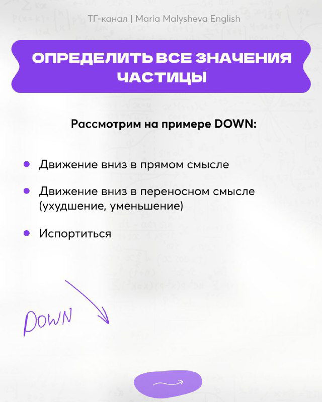 Слайд с перечнем значений частицы DOWN: движение вниз, ухудшение, испортиться; короткие пункты и стрелка вниз в рисунке.