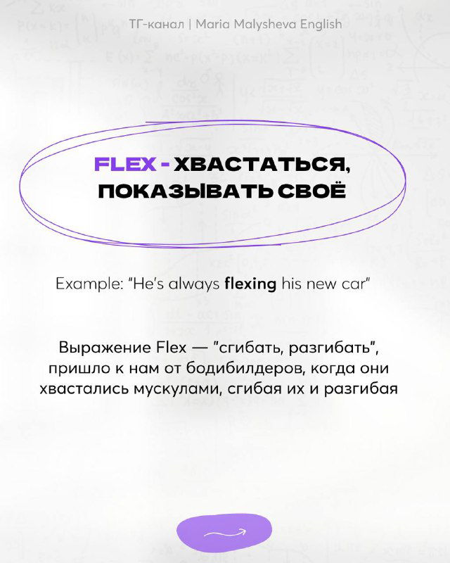 Карточка со сленгом «flex» и переводом «хвастаться, показывать своё», пример предложения и заметки о происхождении от бодибилдерского сленга.