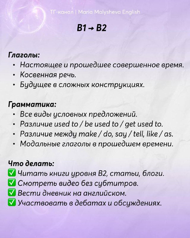 Слайд для уровня B1 → B2: глаголы в совершенных временах, условные предложения, рекомендации — читать книги и вести дневник.