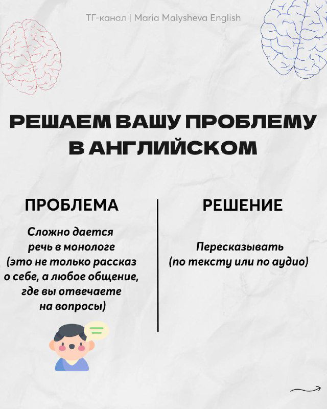 Слайд о трудностях с монологом: пояснение, что речь даётся сложно, и совет — пересказывать по тексту или по аудио для тренировки связной речи.