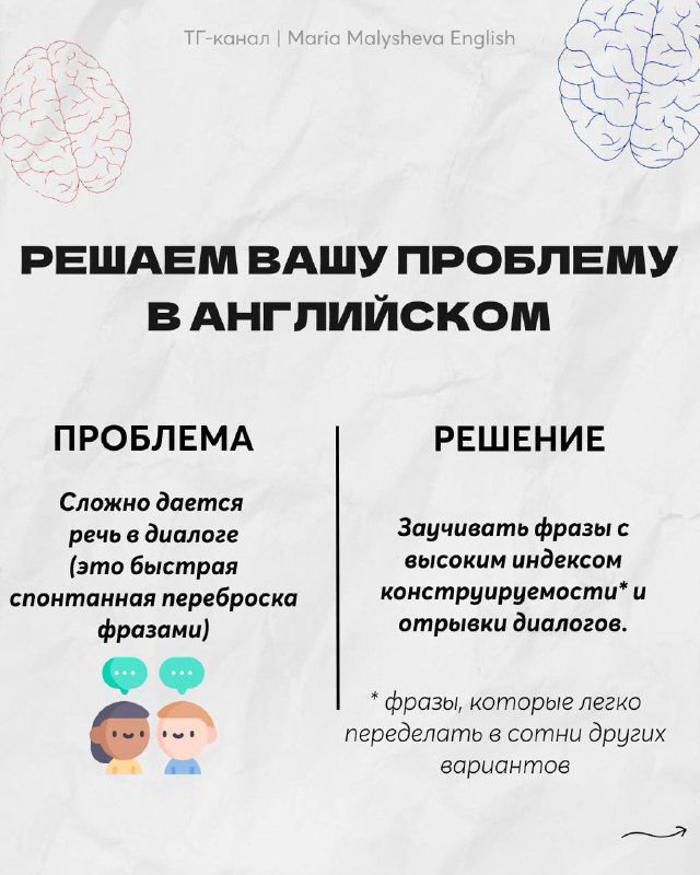 Слайд о сложностях с фразами в диалоге: рекомендация заучивать фразы с индексом конструктивности и фрагменты диалогов для быстрой реакции в общении.