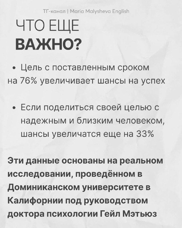 Слайд с пунктами о том, что сроки и публичность цели повышают шансы на успех; упоминание исследования в Доминиканском университете.