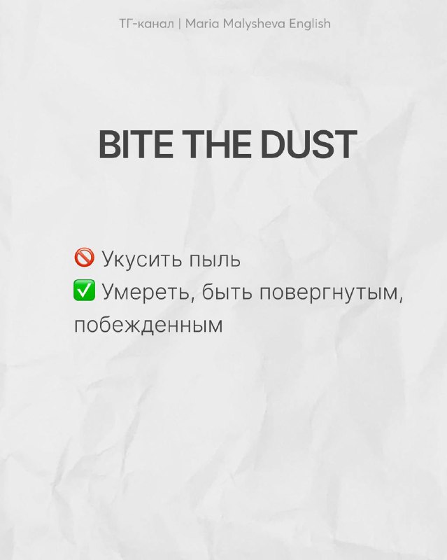 Слайд BITE THE DUST с пояснением: не «укусывать пыль», а погибнуть или потерпеть поражение; демонстрация неправильного буквального смысла.