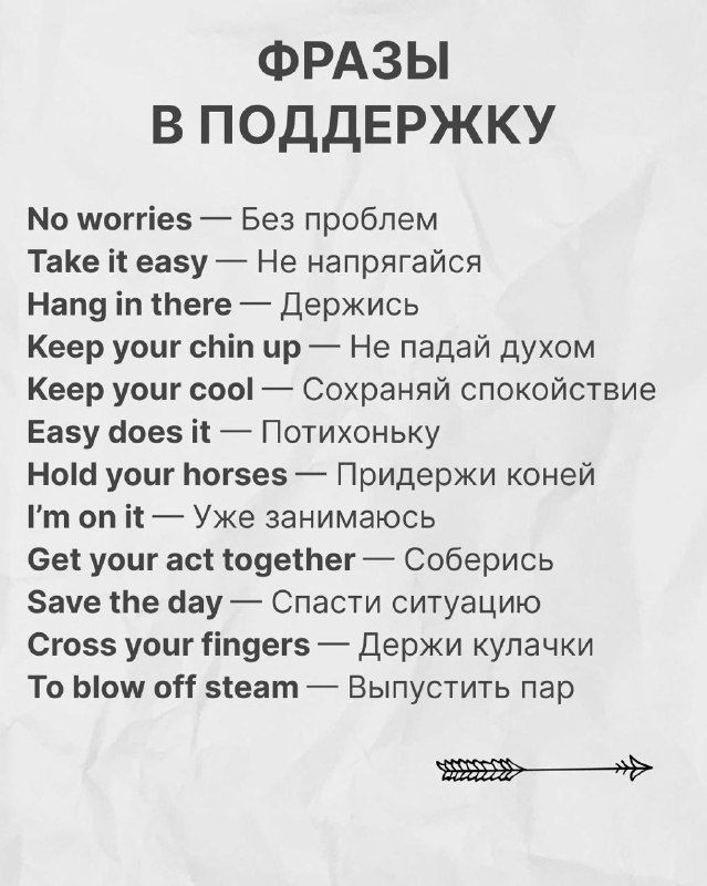 Крупный план карточки с фразами поддержки на английском и переводами на русский, полезно для запоминания повседневных выражений.