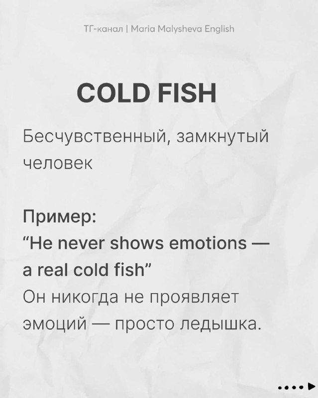 Слайд: «COLD FISH» — описание бесчувственного, замкнутого человека; в слайде пример на английском и русская расшифровка.