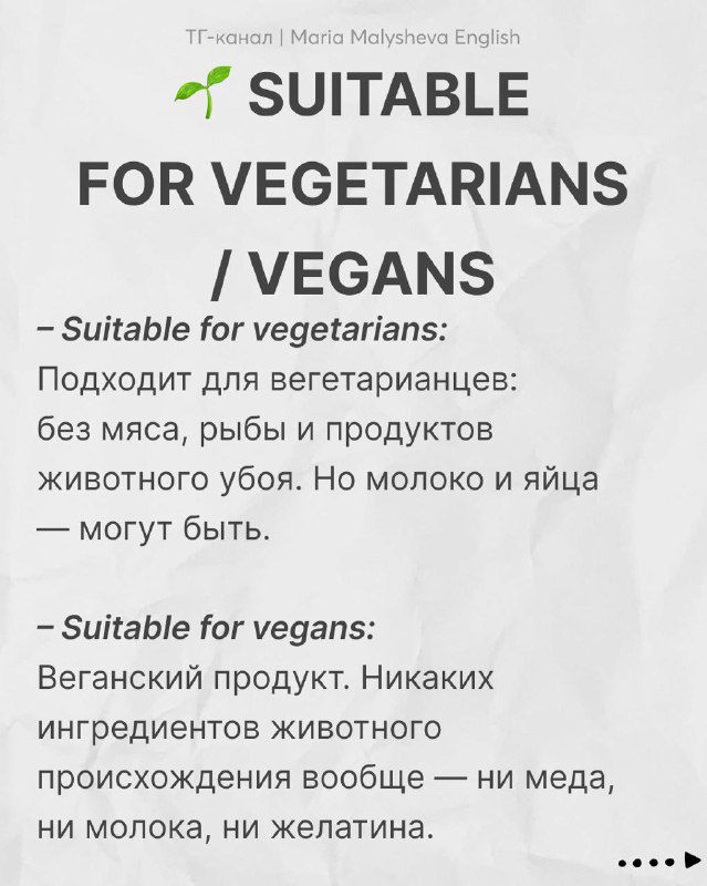 Слайд «SUITABLE FOR VEGETARIANS / VEGANS»: англ. заголовок и русские пояснения про отличия между vegetarian и vegan на упаковках продуктов.