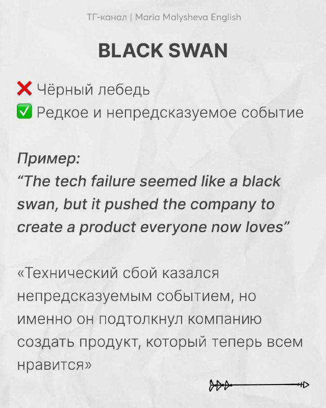 Слайд «BLACK SWAN» о значении 'редкое и непредсказуемое событие', пример на английском и перевод на русский для контекста.