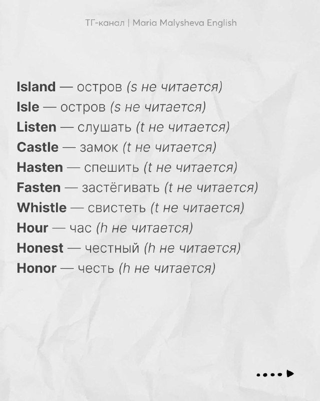 Карточка со словами: Island, Isle, Listen, Castle, Fasten, Whistle, Hour, Honest, Honor — наглядные примеры немых букв и различий.