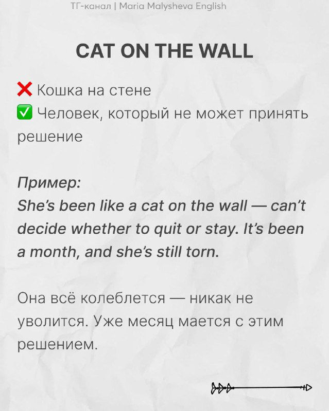 Слайд «CAT ON THE WALL»: образ человека, который не может принять решение; пример и перевод оформлены в фирменном стиле канала.
