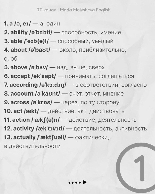 Страница списка слов: номера и транскрипции с переводом на русский — пример первых слов списка, аккуратная верстка и нумерация.