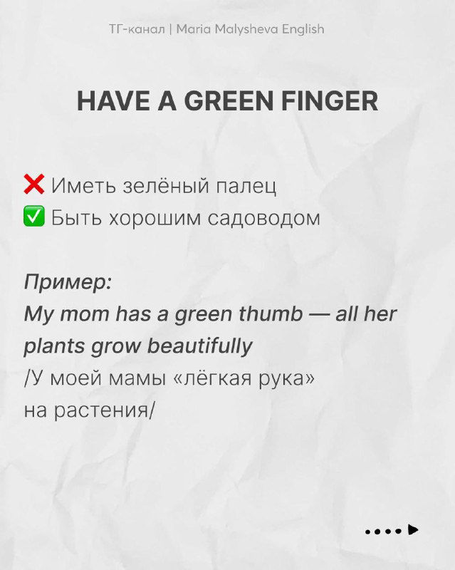 Слайд: выражение «HAVE A GREEN FINGER» с разъяснением значений и примером на английском и переводом на русский в учебном оформлении.