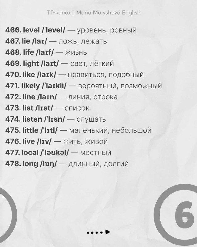 Слайд со словами 466–478: ещё одна порция часто употребляемой лексики с транскрипцией и переводом, полезно для начального уровня.