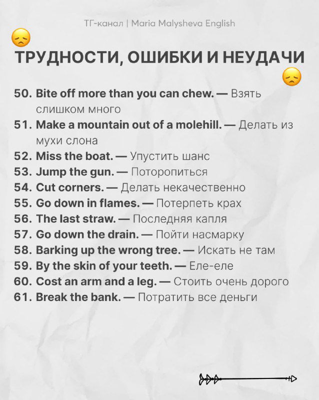 Слайд «Трудности, ошибки и неудачи»: сборник идиом и фраз о проблемах и неудачах с переводами, аккуратный шрифт, эмодзи отражают тему затруднений.