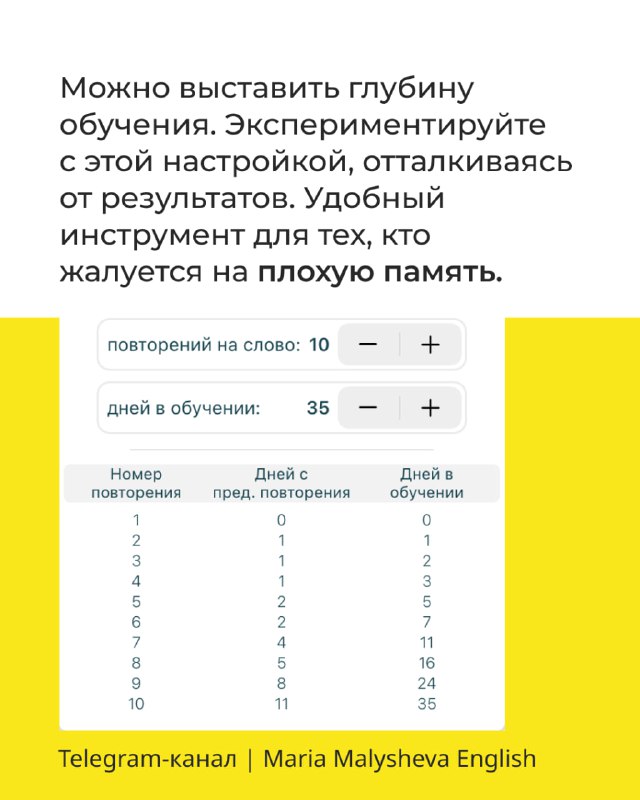Слайд с настройками глубины обучения: экран с таблицей повторений и полями для установки количества повторов на слово