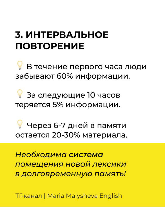 Слайд с заголовком «3. ИНТЕРВАЛЬНОЕ ПОВТОРЕНИЕ»: статистика забывания и акцент на системе для долговременной памяти.