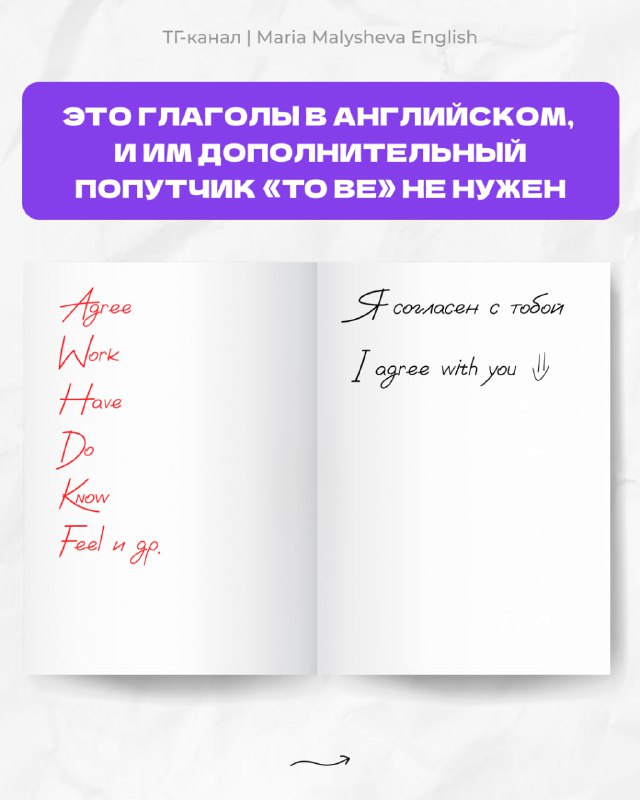 Слайд с примером: открытая тетрадь с заметками и надписью о глаголах английского и ненужности дополнительного to be в некоторых случаях