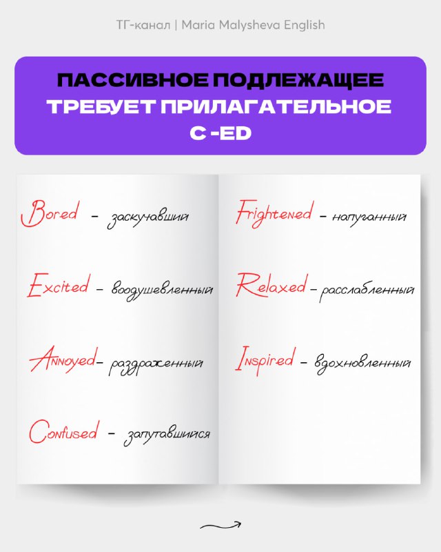Слайд со списком пассивных прилагательных (bored, frightened, excited, relaxed, inspired) и русскими переводами в книжном развороте.
