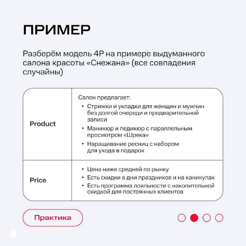 Пример применения 4Р для вымышленного салона «Снежана»: таблица с колонками Product и Price и конкретными пунктами для продукта и ценообразования.