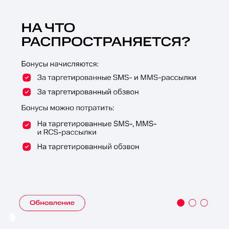 Инфографика «На что распространяется?» с перечнем сервисов — таргетированные SMS, MMS и RCS-рассылки, видны пункты и иконки на светлом фоне.