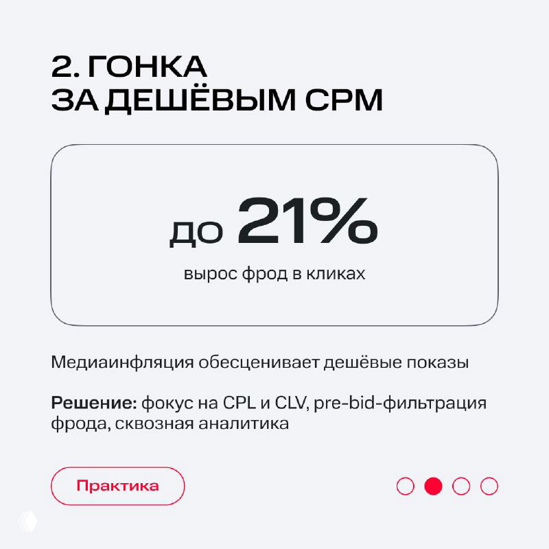 Карточка 2: гонка за дешёвым CPM — инфографика с указанием роста фрода до 21% и решением: фокус на CPL и CLV, pre-bid‑фильтрация и сквозная аналитика