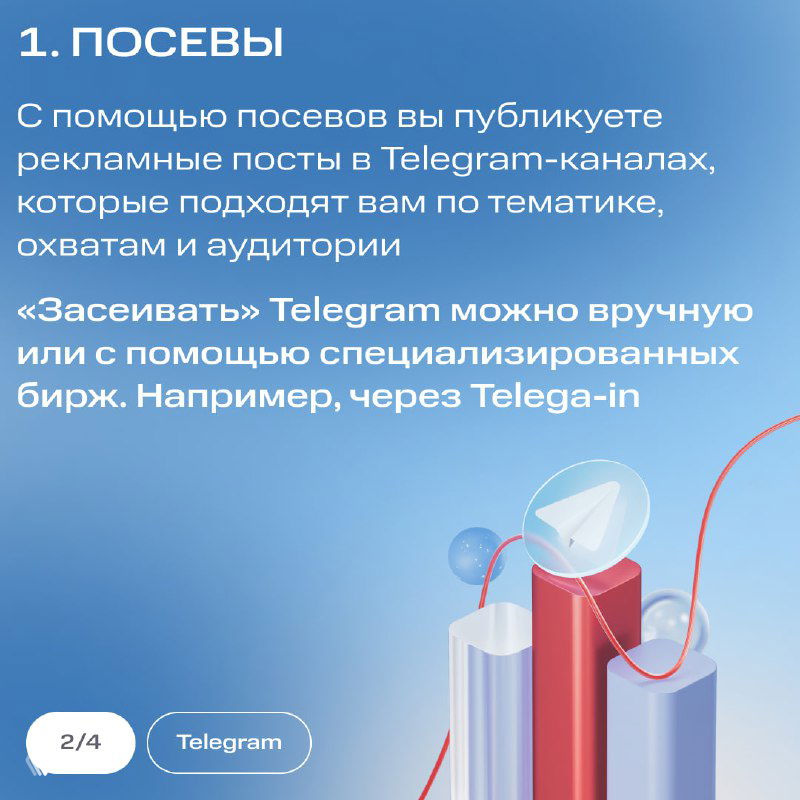 Карточка 1: «Посевы» — текст объясняет публикацию рекламных постов в подходящих Telegram‑каналах для охвата целевой аудитории и варианты размещения
