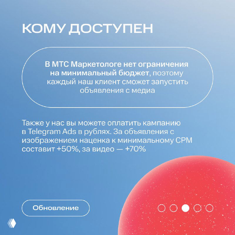 Слайд объясняет, кому доступен премиум‑формат в МТС Маркетологе: отсутствие минимального бюджета и оплата кампании в рублях