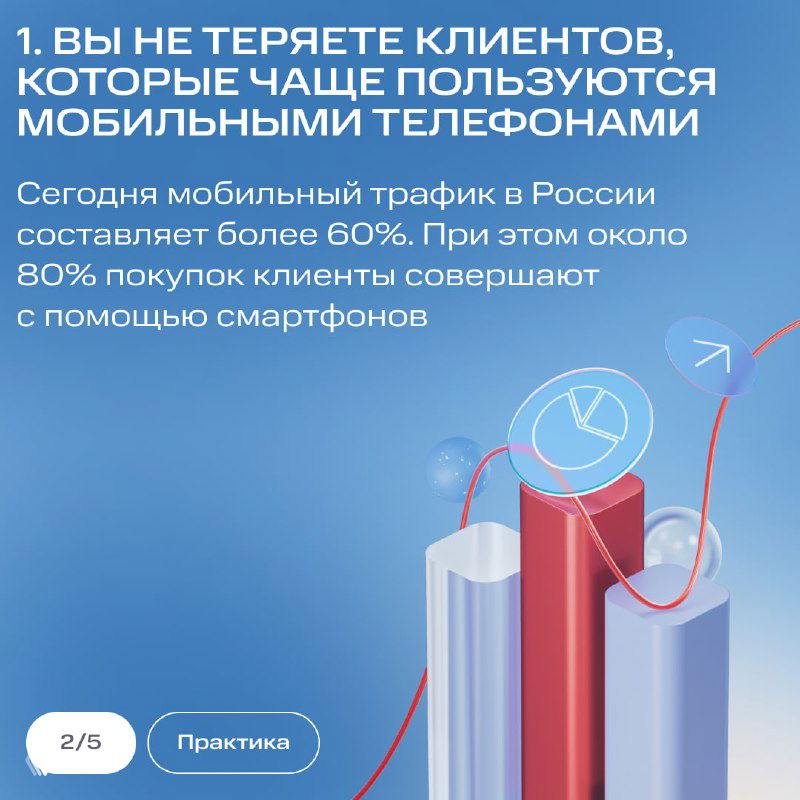 Инфографическая карточка: пункт о том, что вы не теряете клиентов, которые чаще используют мобильные телефоны; графические столбцы и статистика на синем фоне.