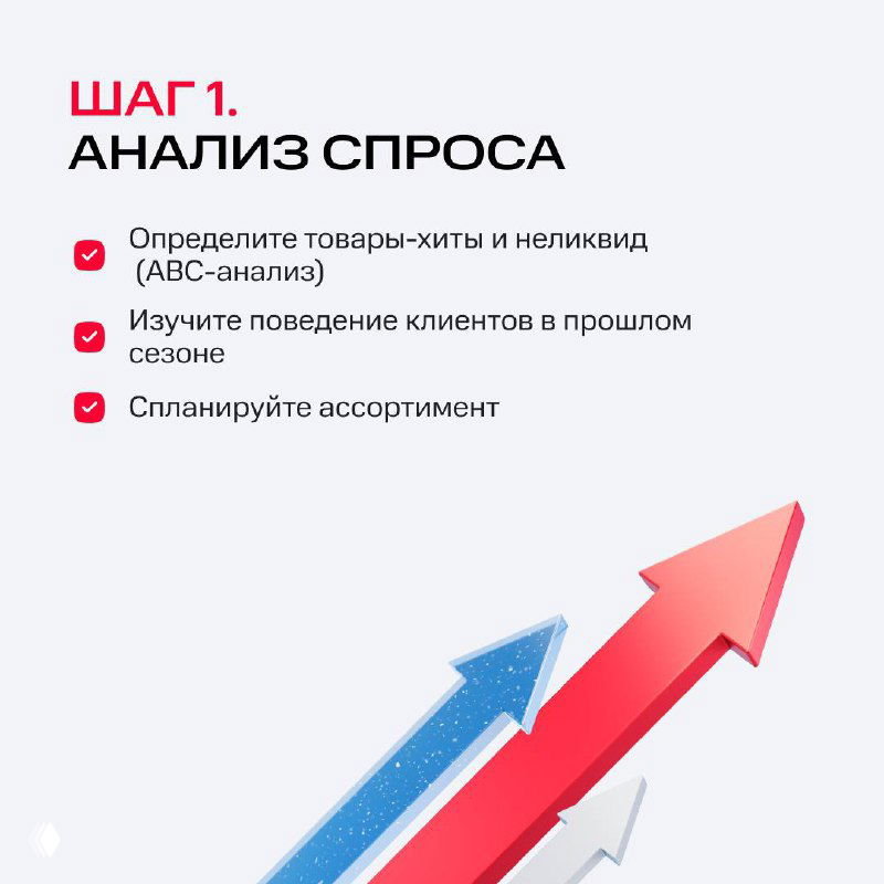 Слайд «Шаг 1. Анализ спроса»: чек‑лист — определить товары‑хиты, изучить поведение клиентов в прошлом сезоне, спланировать ассортимент.
