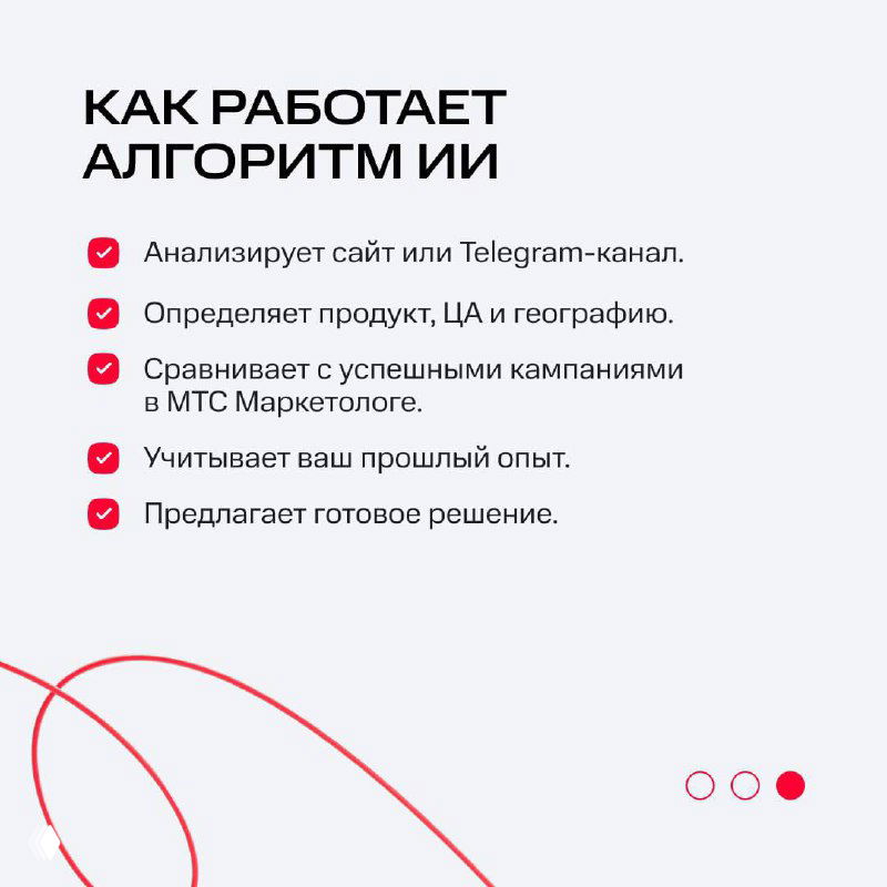 Слайд «Как работает алгоритм»: буллет‑пункты про анализ сайта или Telegram‑канала, определение продукта, ЦА и сравнение с успешными кампаниями.