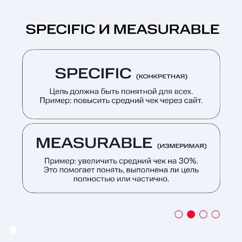 Слайд 'Specific и Measurable' с определениями: цель должна быть понятной и измеримой, пример — повысить средний чек через сайт.