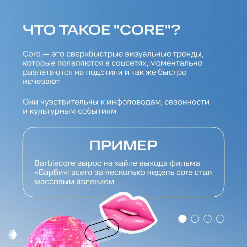 Слайд с заголовком «Что такое "CORE"?», текстовым объяснением микроэстетики и розовыми декоративными элементами: губы и блёстки на сине-голубом фоне