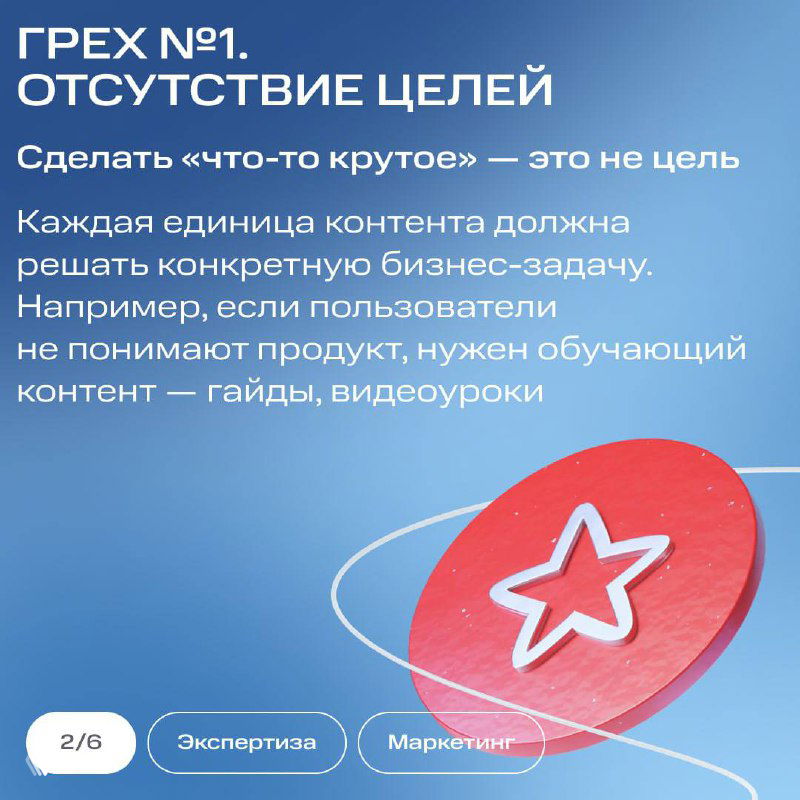 Слайд «ГРЕХ №1. ОТСУТСТВИЕ ЦЕЛЕЙ» с текстом о том, что контент должен решать конкретные бизнес‑задачи и примерами обучающего формата.