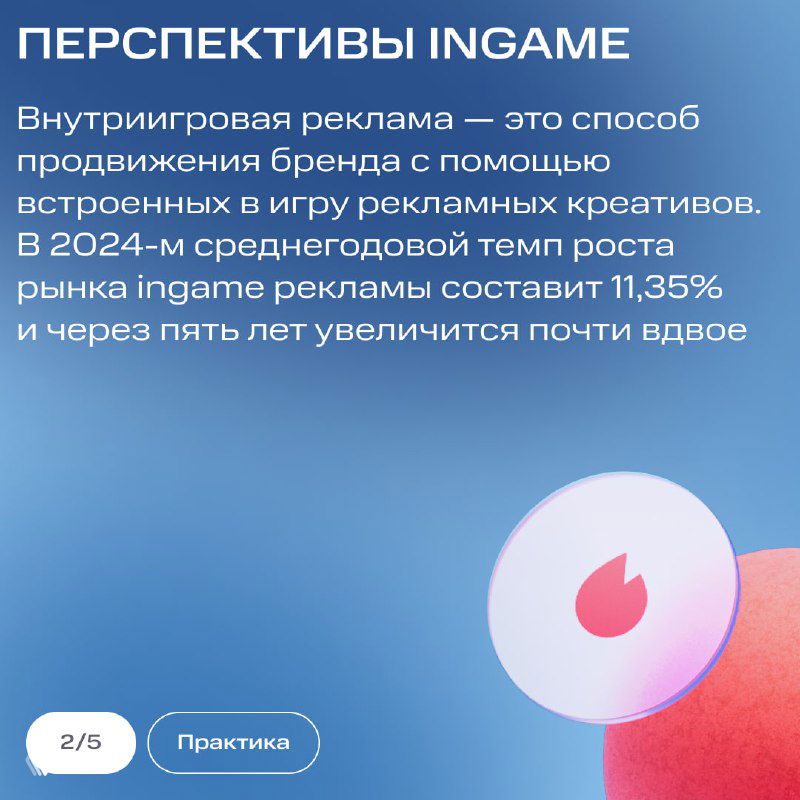 Слайд «Перспективы ingame»: текст о темпах роста рынка и встроенных рекламных креативах на фоне игровых графических элементов.