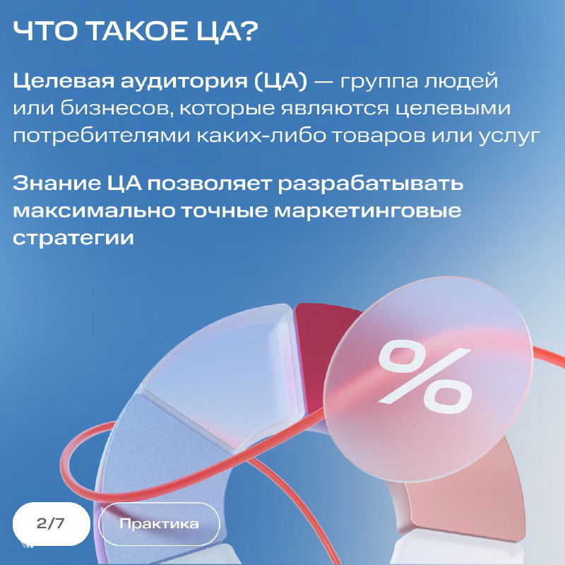 Слайд с текстом «Что такое ЦА?» и кратким определением целевой аудитории, визуализация в виде диаграммы и процентов на голубом фоне.
