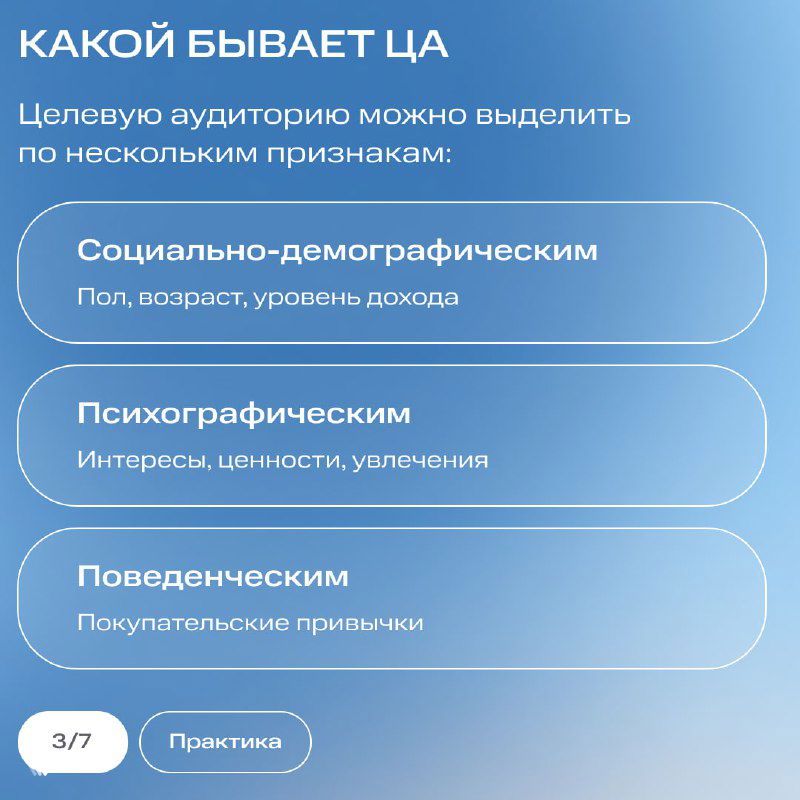 Слайд про виды целевой аудитории: социально-демографический, психографический и поведенческий признаки на размытом голубом фоне.