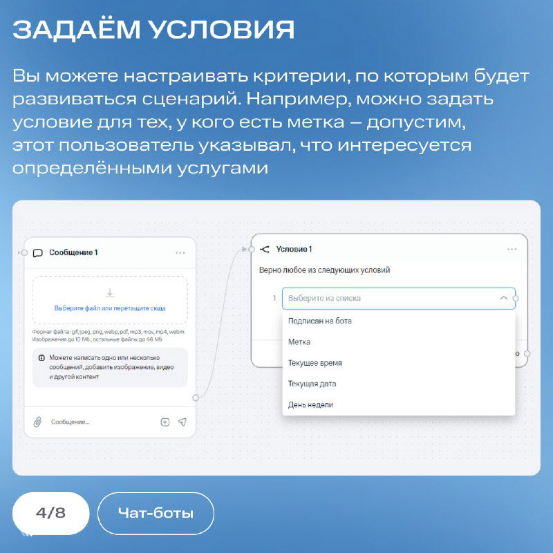 Карточка «Задаём условия» с примерами критериев и меток — настройка условий, по которым будет развиваться сценарий чат‑бота.